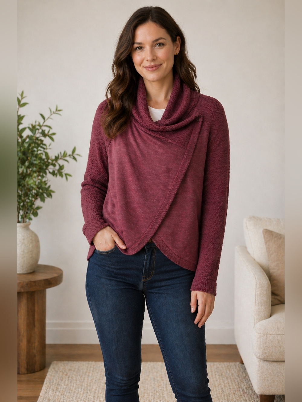 LUCKY BRAND Burgundy Wrap Sweater Cardigan, Size Medium